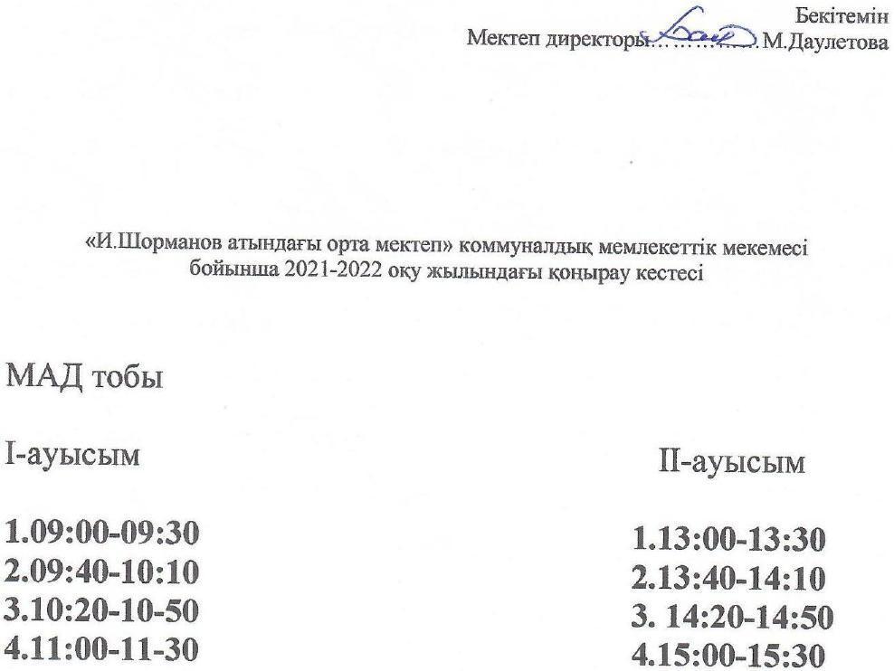 қоңырау кестесі 2021-2022ж